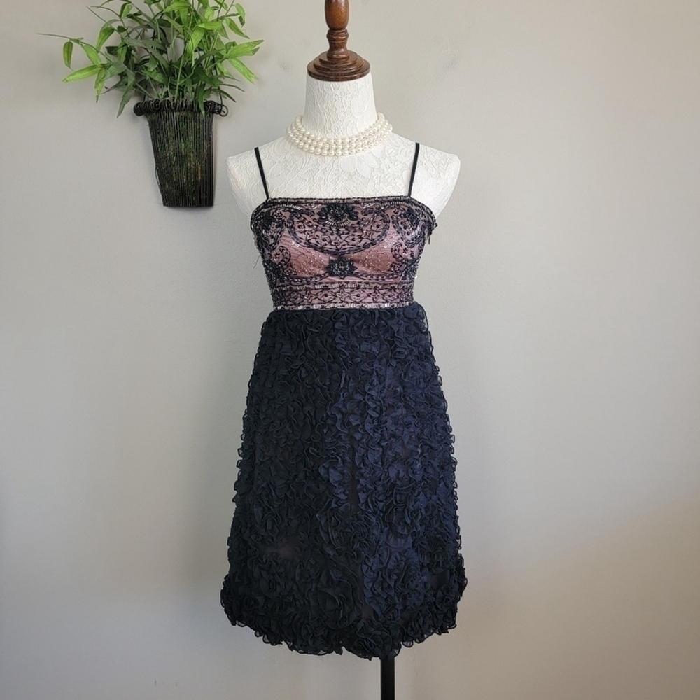 Sue Wong Nocturne Beaded Sequin Floral Ruffle Black Mini Cocktail Formal Dress 2